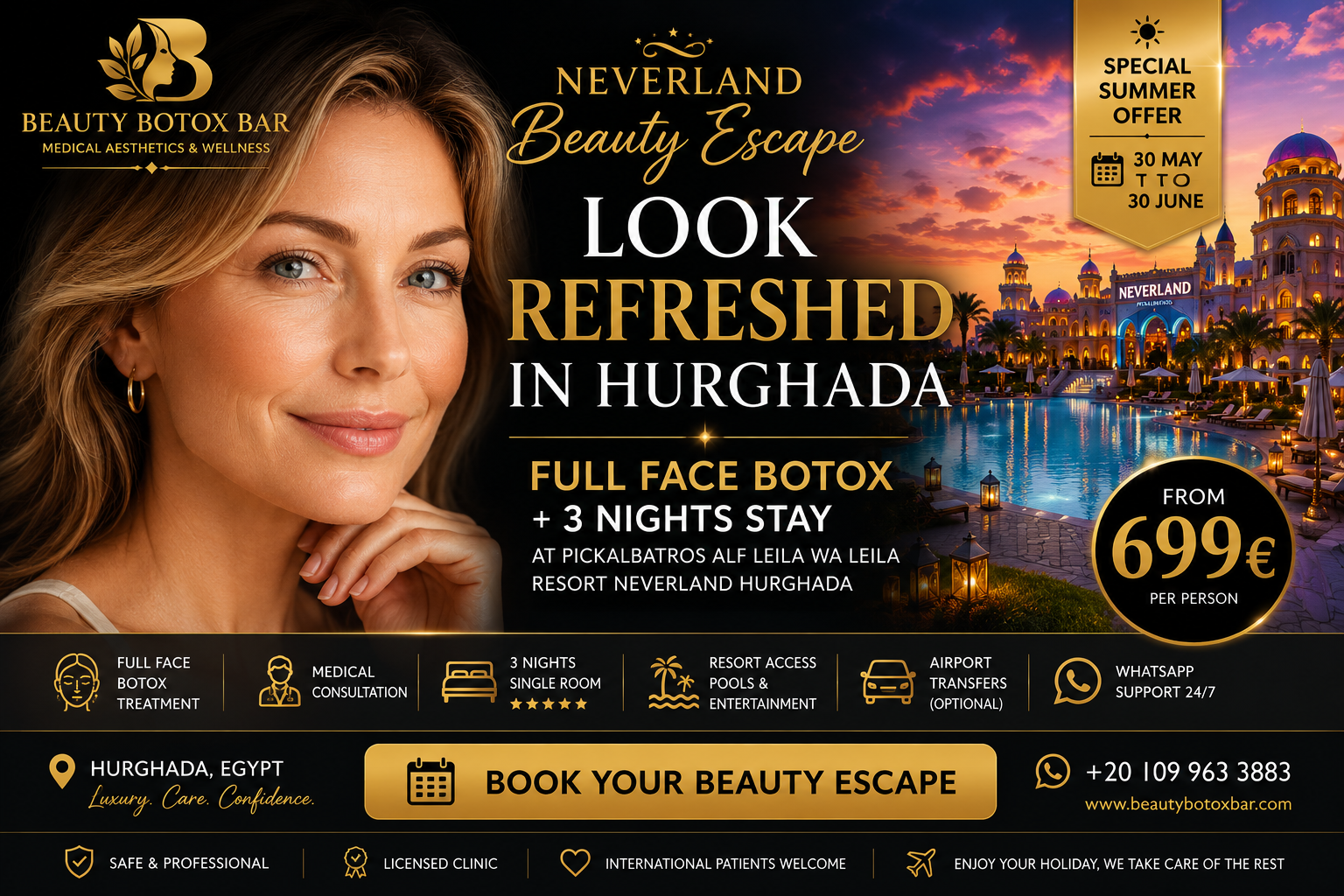 Full face Botox and Neverland Hurghada hotel package advertisement
